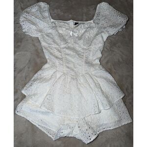 SHEIN White Eyelet Embroidered Puff Sleeve Romper Corset Bow Size S